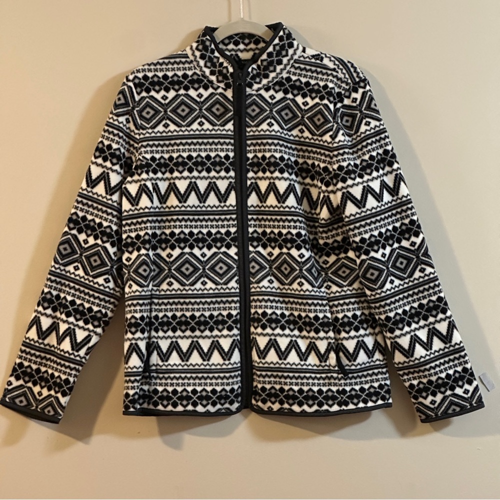 Talbots GEO-PRINT FAIR ISLE POLAR FLEECE JACKET Size Medium - Black and White - Picture 3 of 11